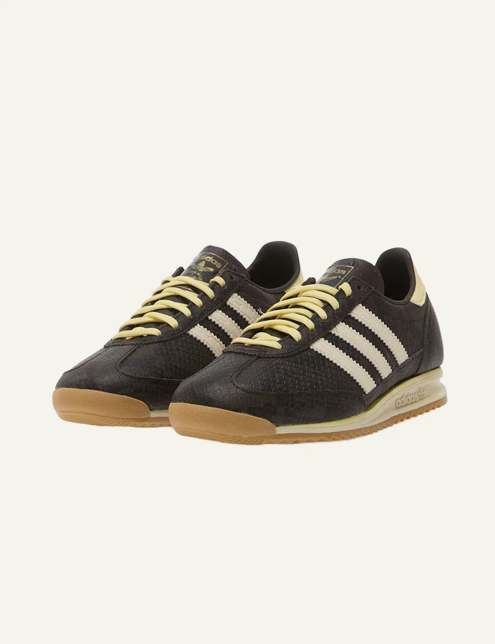 Women's adidas Originals SL 72 OG brown leather sneakers with embossed texture and off-white 3-Stripes angled