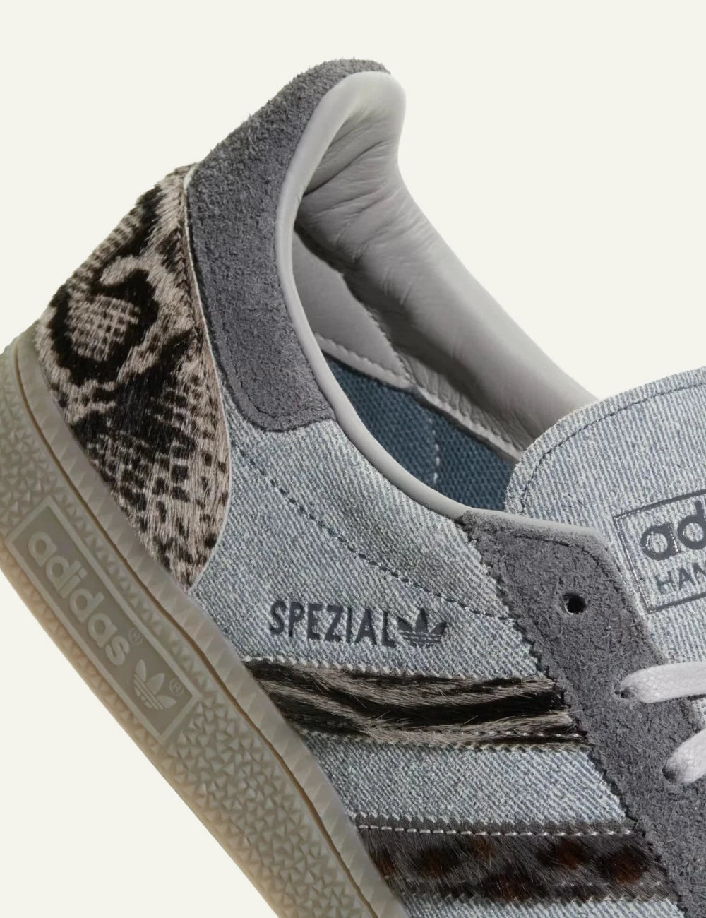 Women's adidas Originals Spezial sneakers in grey leather with suede overlays, animal print details and rubber sole back