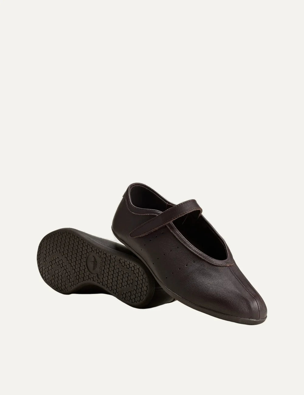 Adidas Originals Stan Smith Lo brown leather ballet flats with perforated side details, Mary Jane hook-and-loop strap and flat rubber sole front