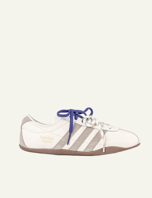 Women's adidas Originals Tokyo sneakers in off white leather with silver suede stripes and gum rubber sole
