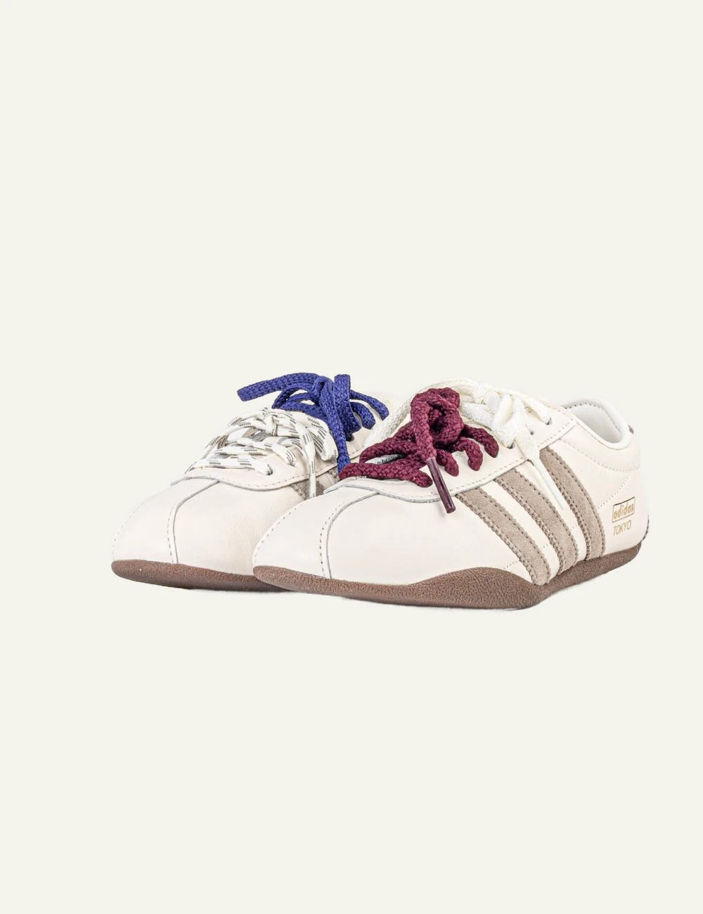 Women's adidas Originals Tokyo sneakers in off white leather with silver suede stripes and gum rubber sole front
