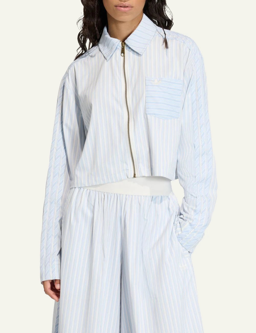 Adidas poplin zip shirt light blue striped front view model