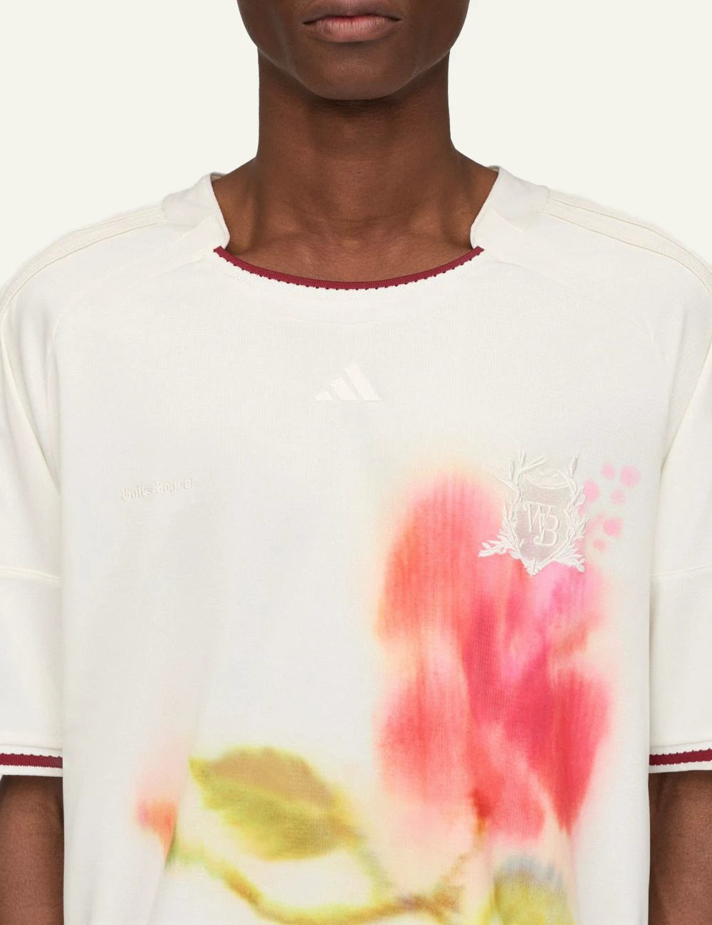 Adidas Wales Bonner football jersey white floral print front detail view