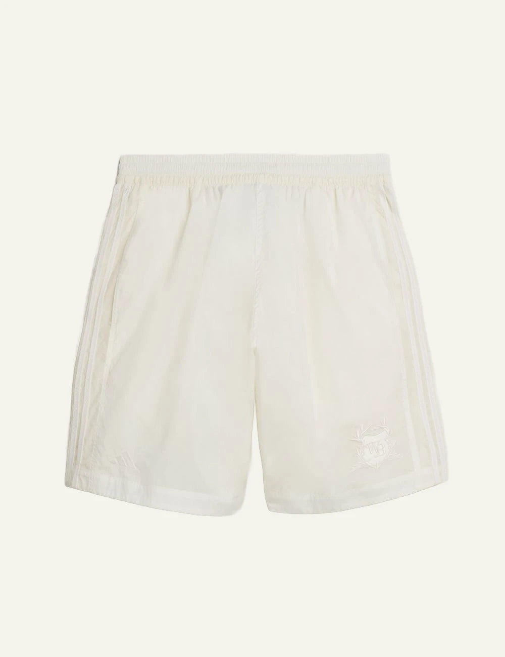 Adidas Wales Bonner football shorts off white stripes front flat view