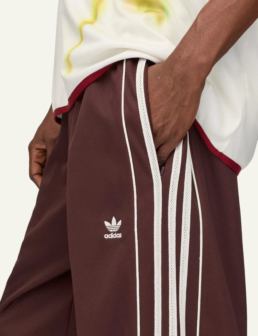 Adidas Wales Bonner track pants brown stripes wide leg side detail view