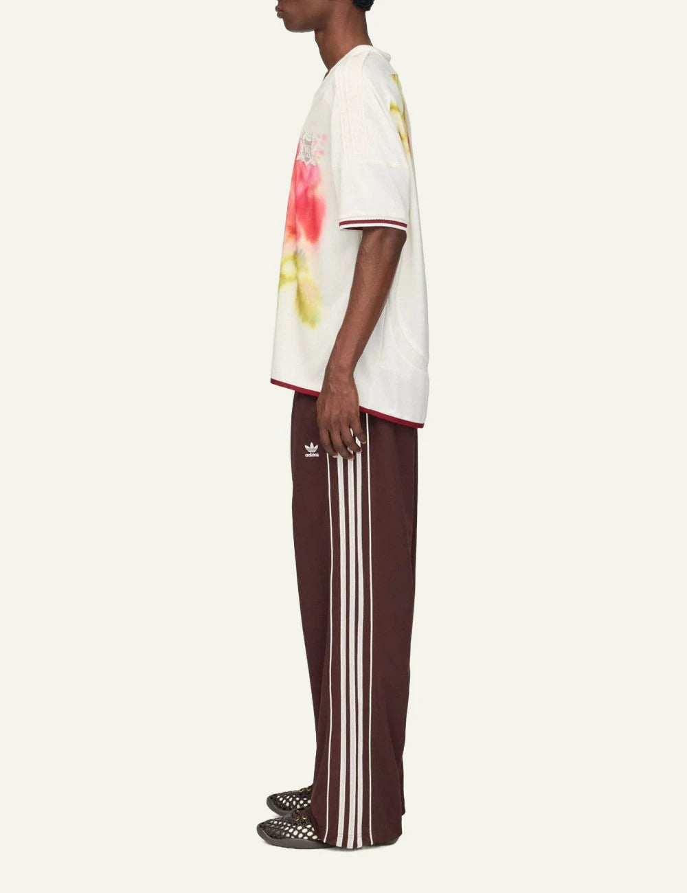 Adidas Wales Bonner track pants brown stripes wide leg side view