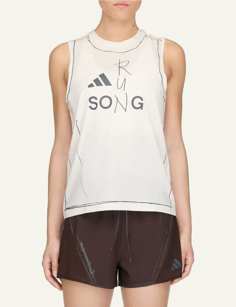 adidas running tank top white sleeveless graphic front model view