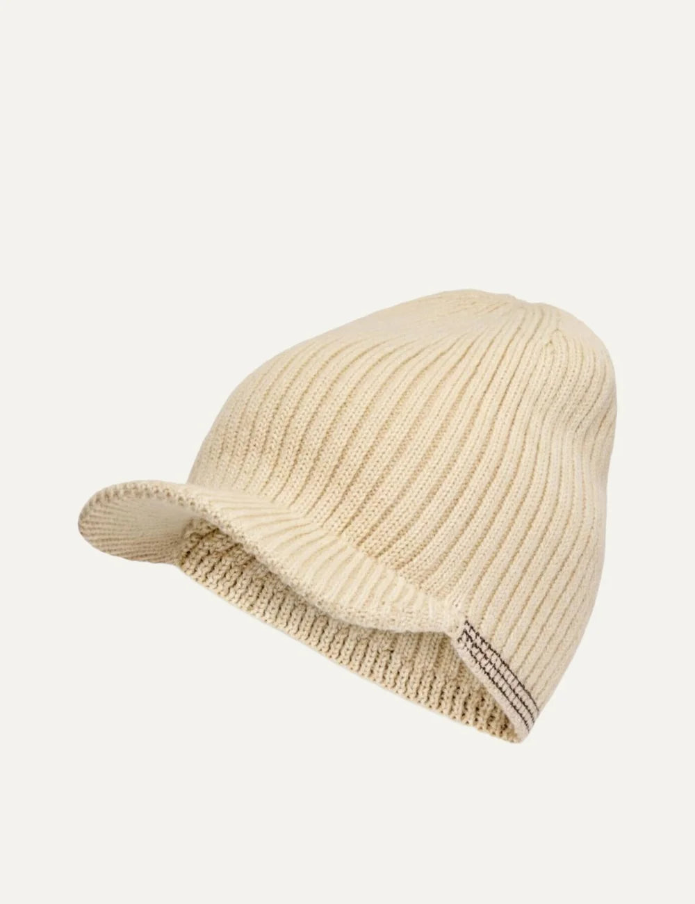 Adidas x Wales Bonner cream ribbed merino wool knit cap with curved peak, contrast stripe stitching and embroidered side logo.