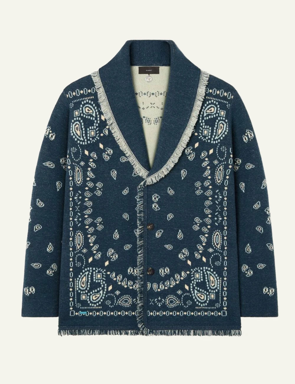 Alanui Bandana jacquard cardigan cashmere blue front flat view