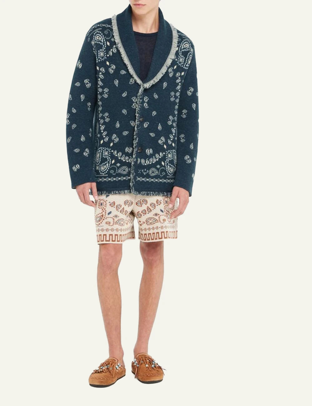 Alanui Bandana jacquard cardigan cashmere blue front full body view
