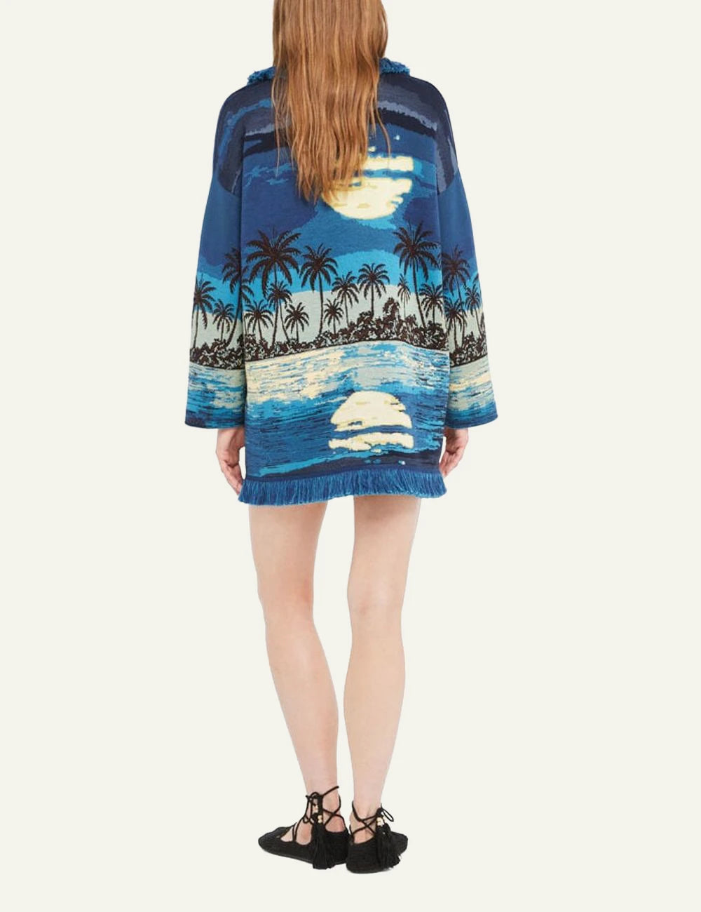 Alanui Lost in the Blue cardigan sea landscape blue tones fringed detail back view