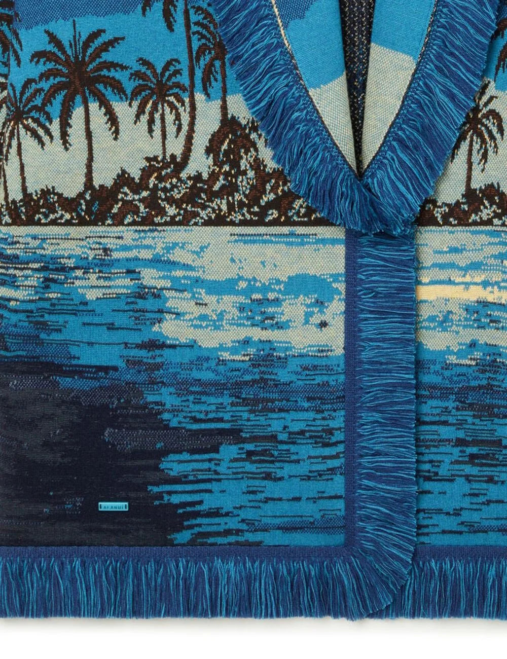 Alanui Lost in the Blue cardigan sea landscape blue tones fringed detail view
