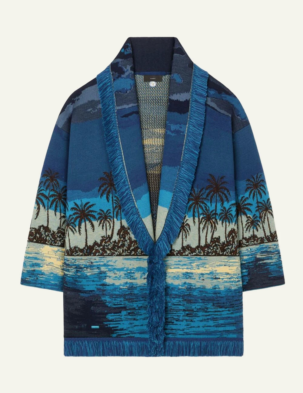 Alanui Lost in the Blue cardigan sea landscape blue tones fringed detail front flat view