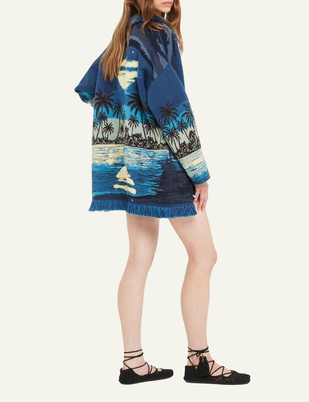 Alanui Lost in the Blue cardigan sea landscape blue tones fringed detail side view