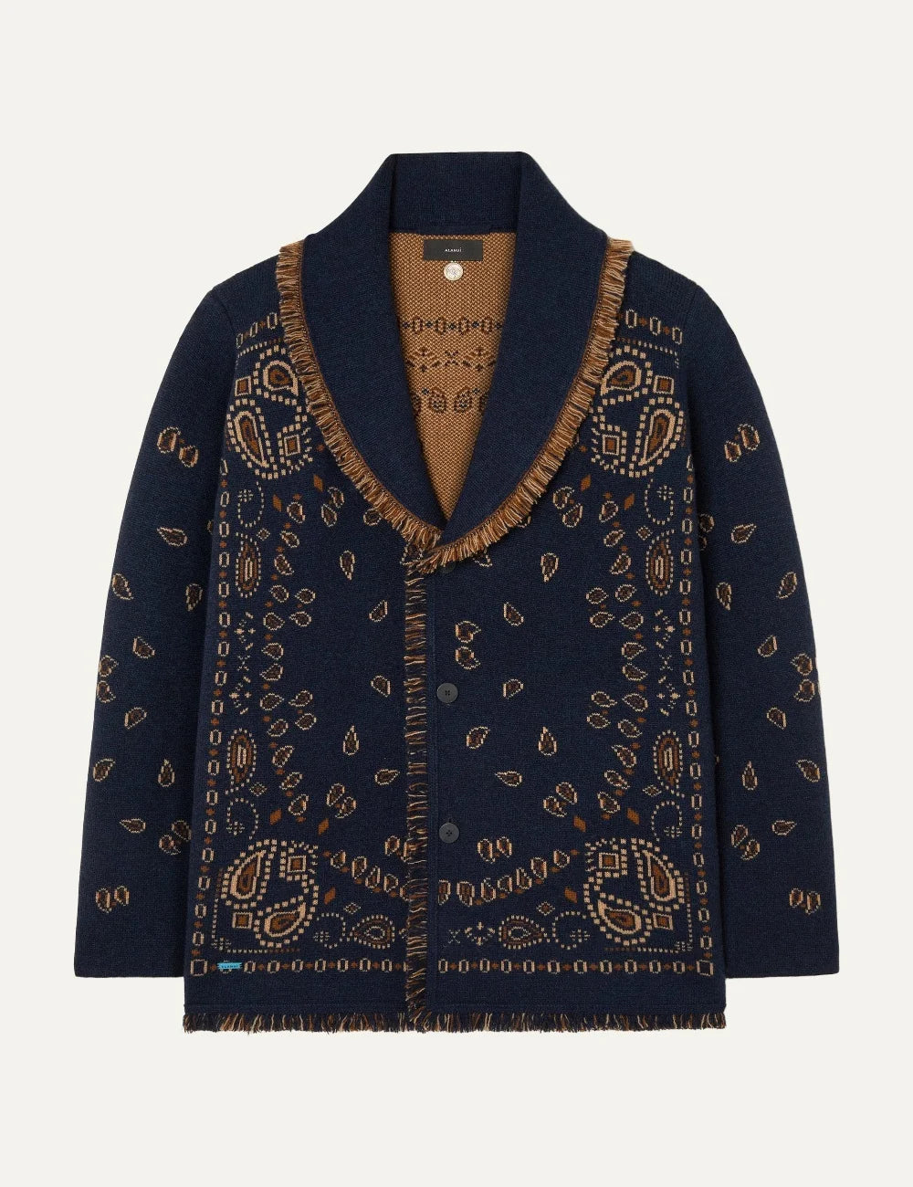 Alanui men Bandana Jacquard navy blue cashmere cardigan with brown pattern and fringed edges