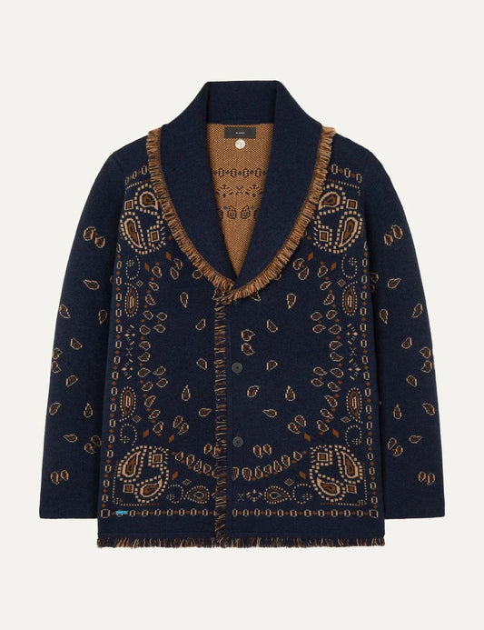 Alanui men Bandana Jacquard navy blue cashmere cardigan with brown pattern and fringed edges