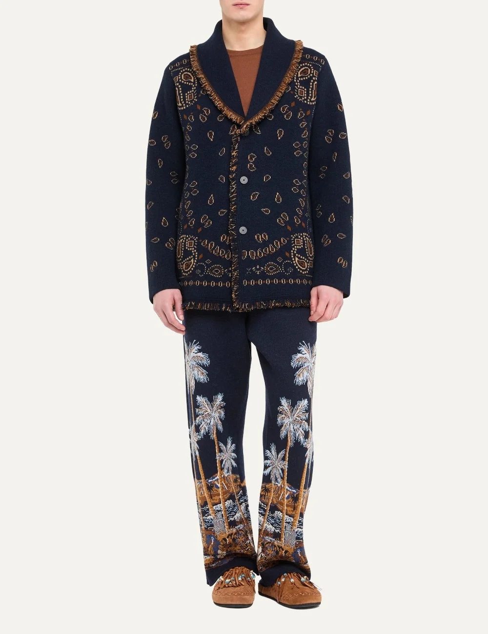 Alanui men Bandana Jacquard navy blue cashmere cardigan with brown pattern and fringed edges full body