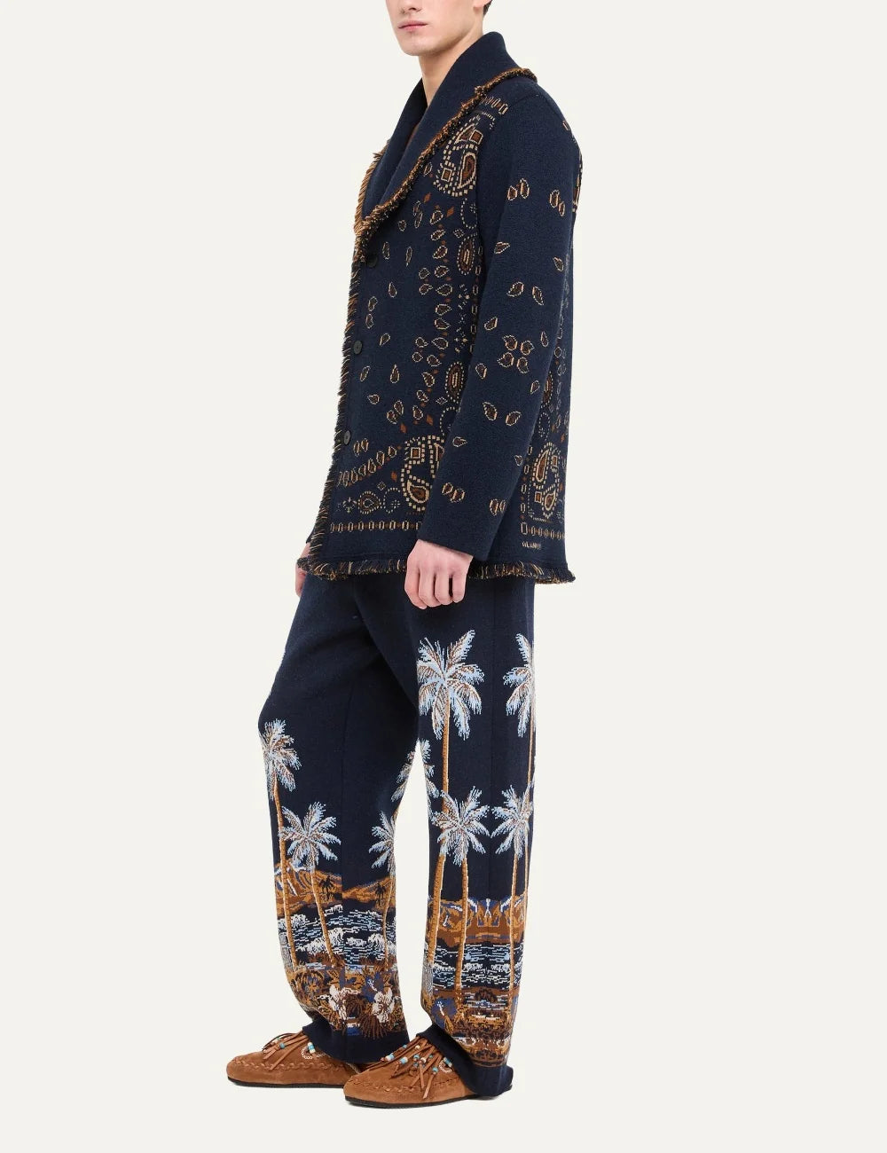Alanui men Bandana Jacquard navy blue cashmere cardigan with brown pattern and fringed edges side