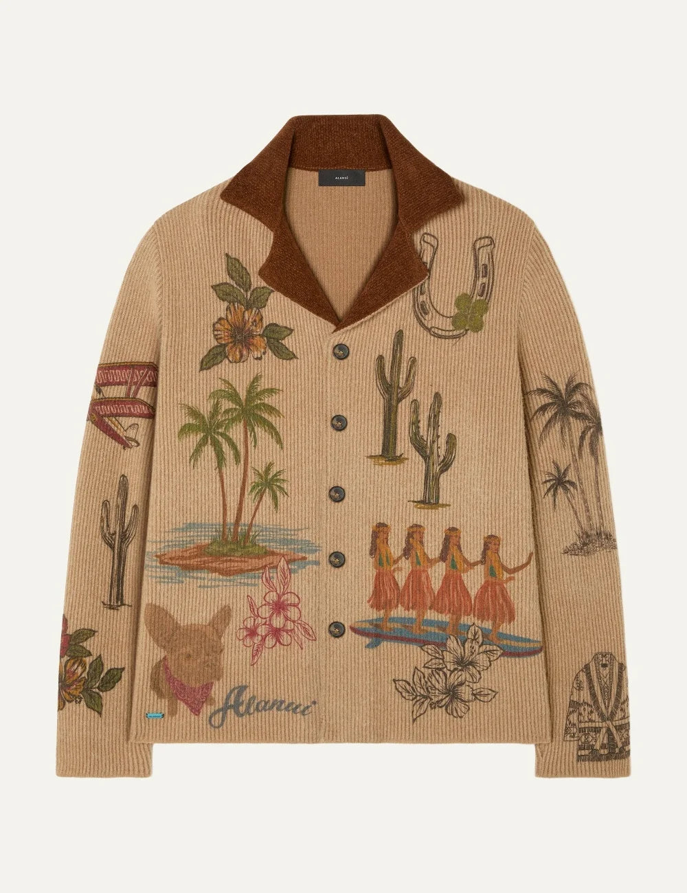 Alanui men Decade beige wool blend knitted shirt with multicolor graphic prints and brown collar