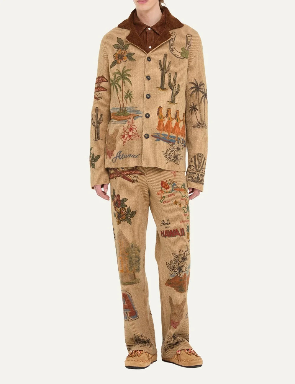 Alanui men Decade beige wool blend knitted shirt with multicolor graphic prints and brown collar full body