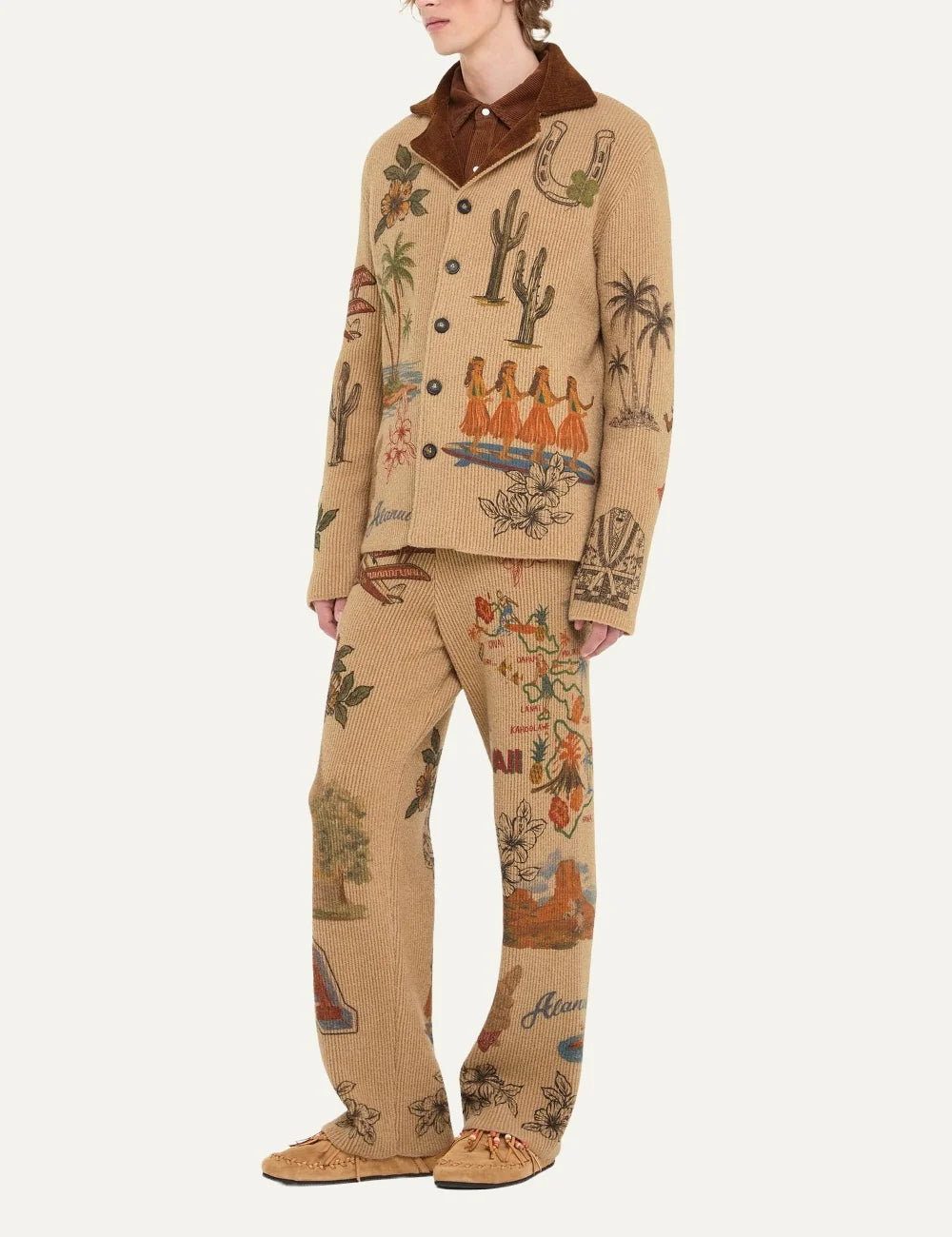 Alanui men Decade beige wool blend knitted shirt with multicolor graphic prints and brown collar side
