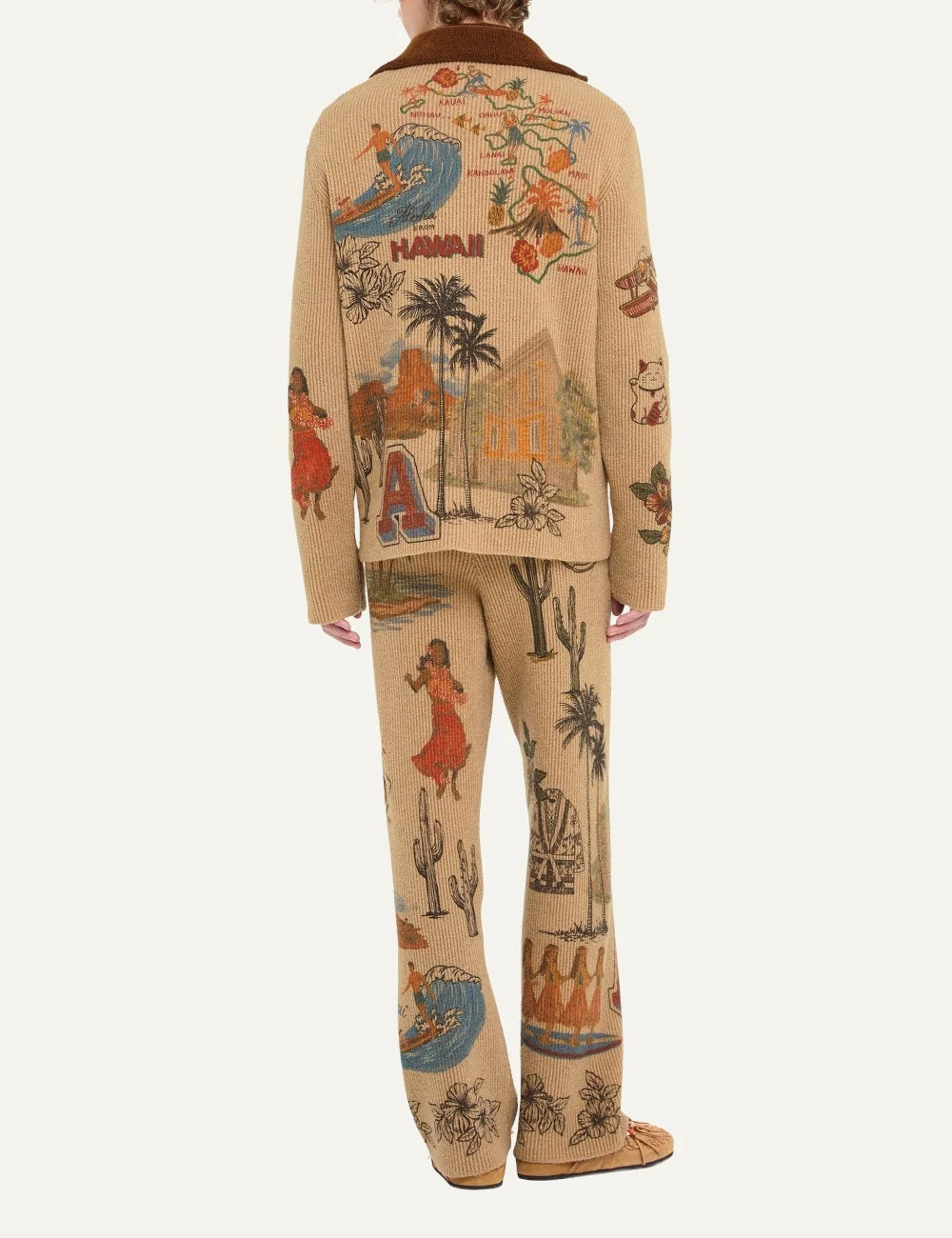 Alanui men Decade beige wool blend knitted shirt with multicolor graphic prints and brown collar back