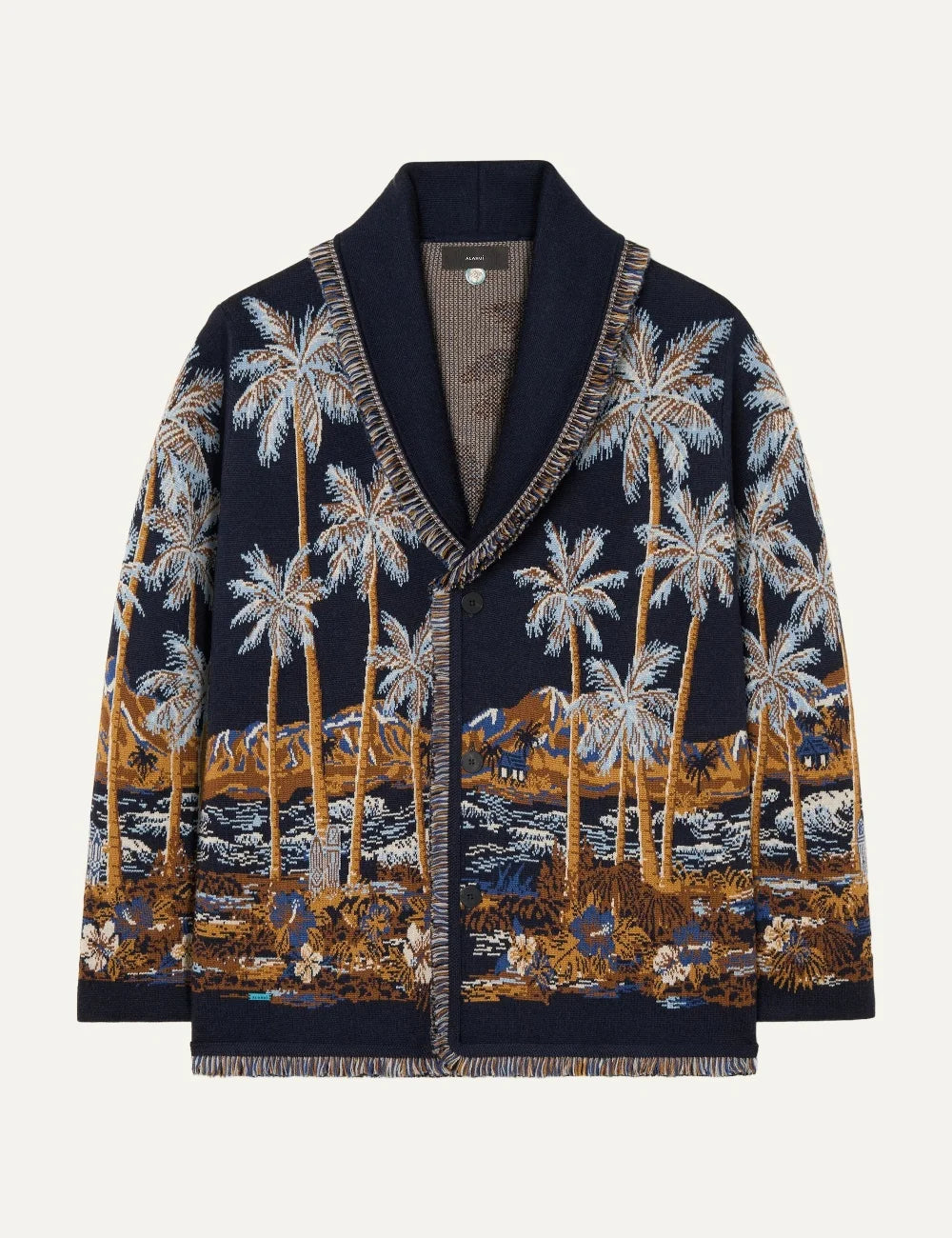 Alanui men Diamond Head navy virgin wool cardigan with Hawaiian palm tree jacquard pattern