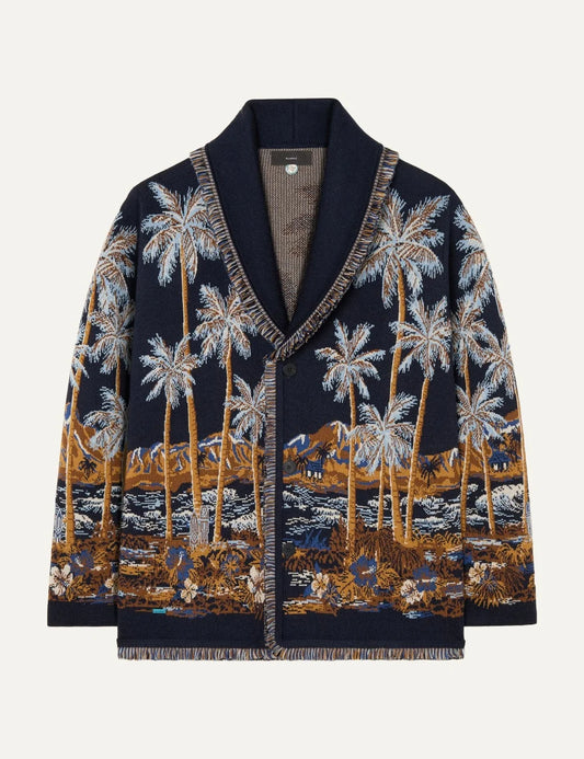 Alanui men Diamond Head navy virgin wool cardigan with Hawaiian palm tree jacquard pattern