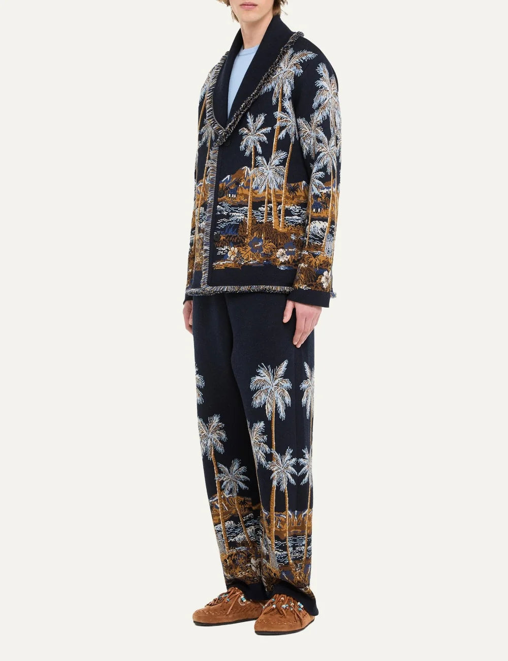 Alanui men Diamond Head navy virgin wool cardigan with Hawaiian palm tree jacquard pattern side