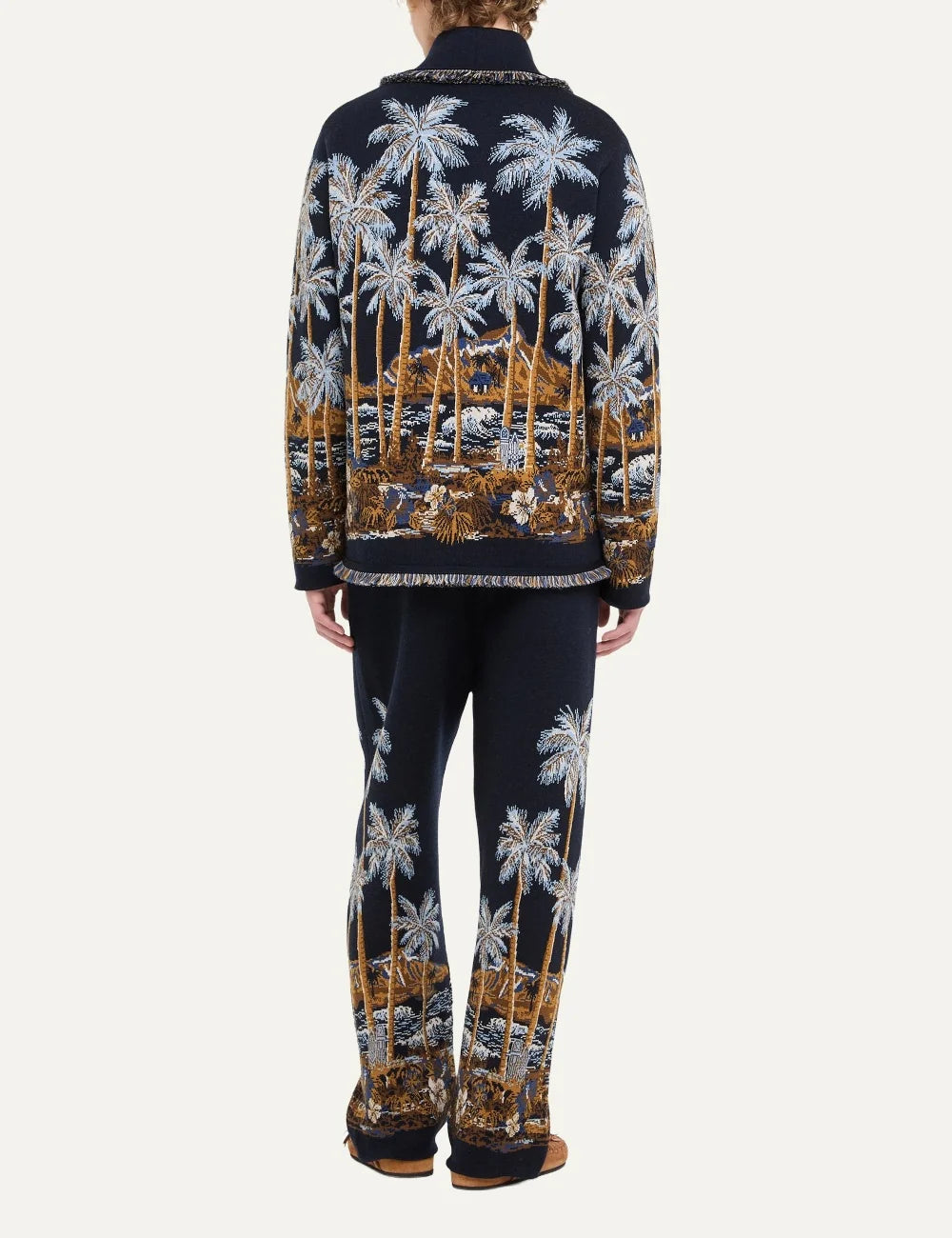 Alanui men Diamond Head navy virgin wool cardigan with Hawaiian palm tree jacquard pattern back