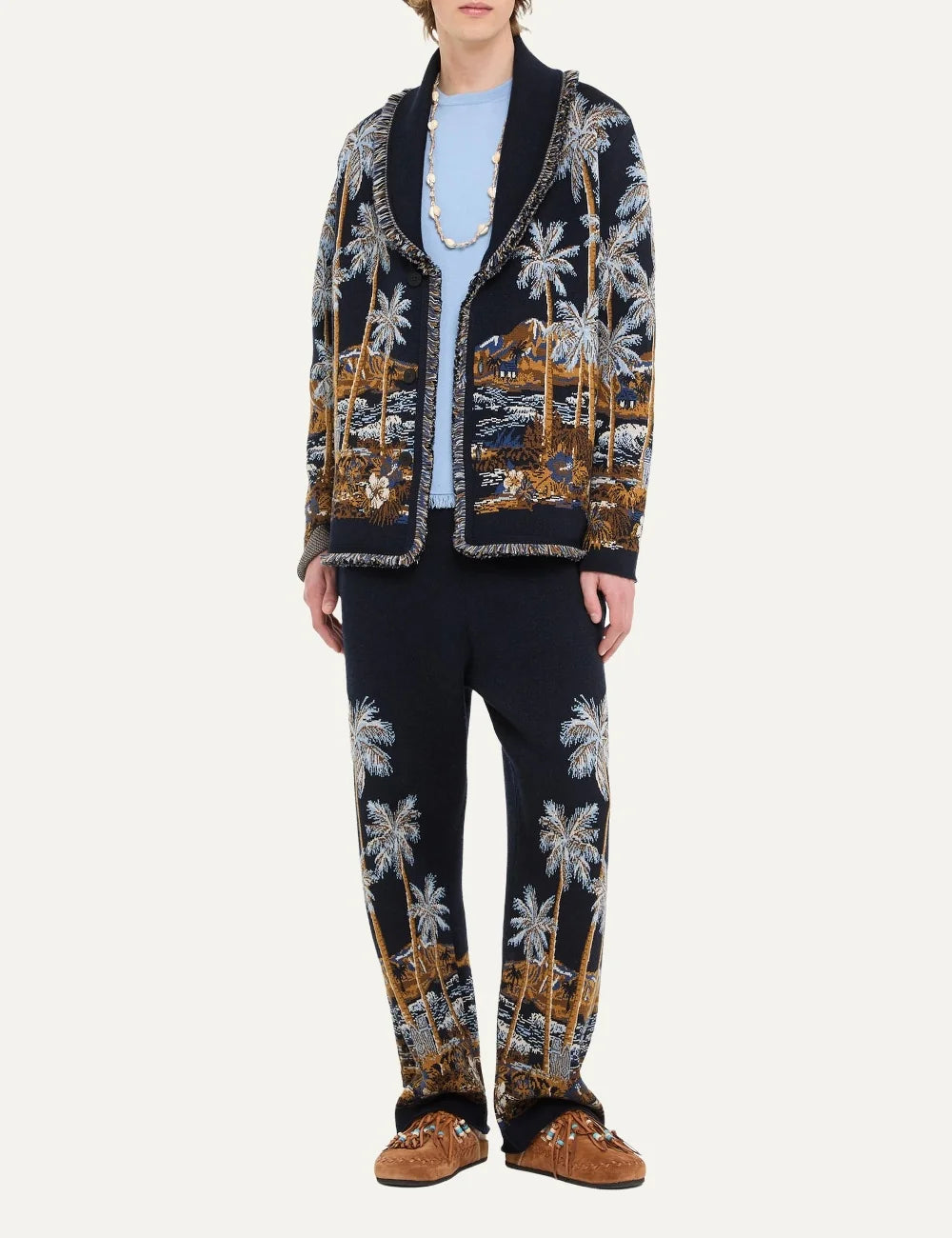 Alanui men Diamond Head navy virgin wool cardigan with Hawaiian palm tree jacquard pattern full body