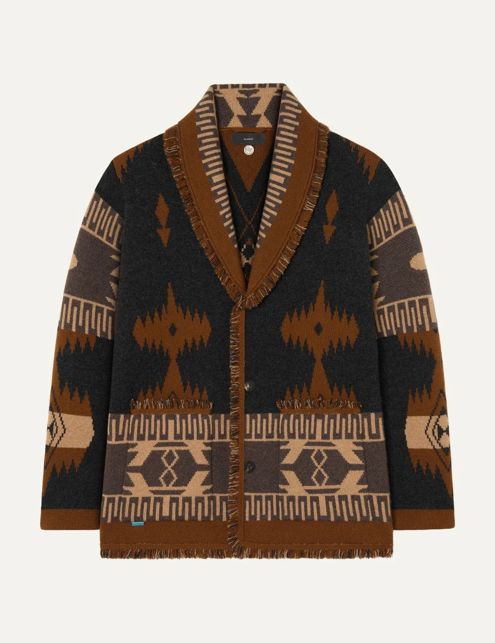 Alanui men Icon dark grey cashmere cardigan with brown beige jacquard pattern and fringed edges