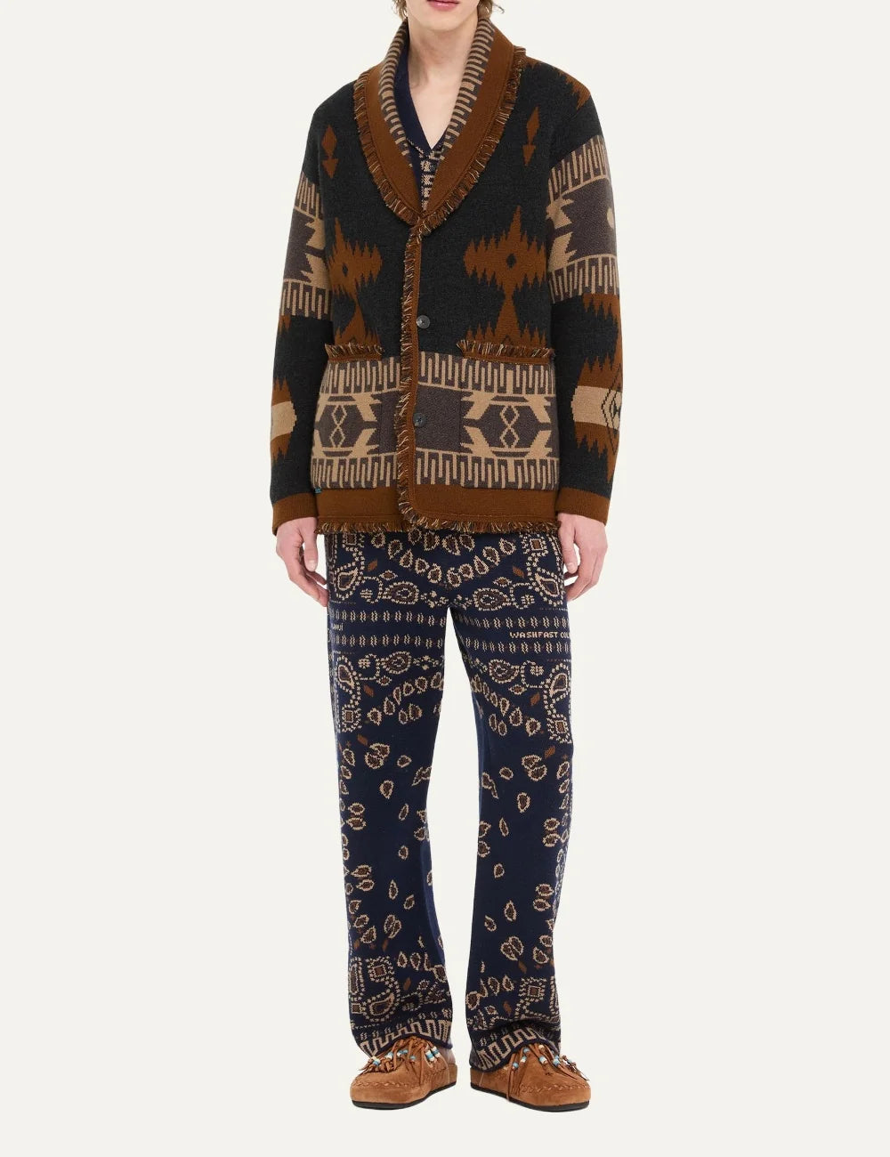 Alanui men Icon dark grey cashmere cardigan with brown beige jacquard pattern and fringed edges full body