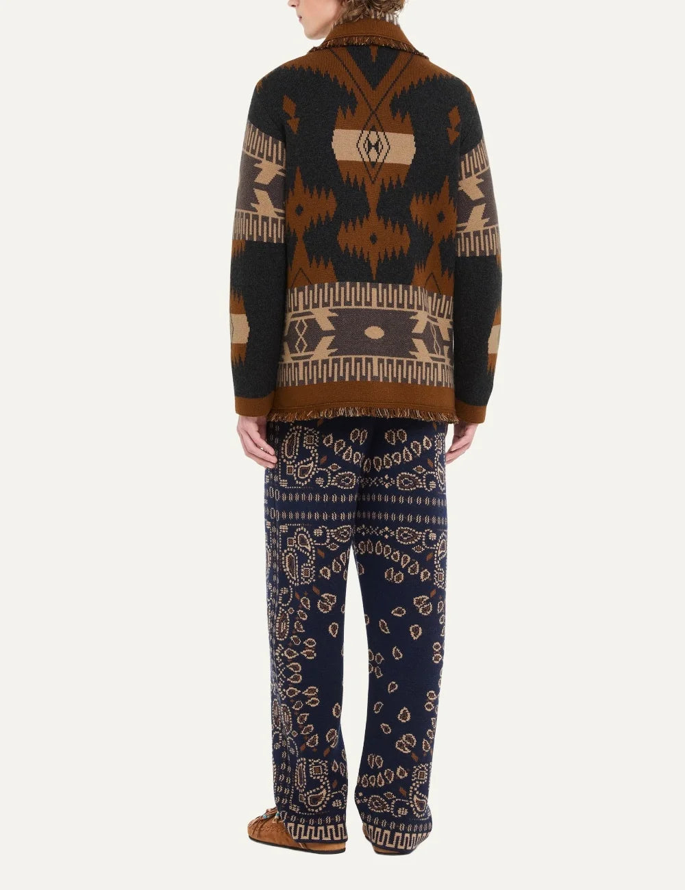 Alanui men Icon dark grey cashmere cardigan with brown beige jacquard pattern and fringed edges back