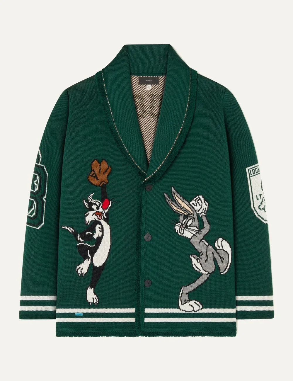 Alanui men x Looney Tunes Sporty Bugs Bunny and Sylvester green virgin wool jacquard cardigan