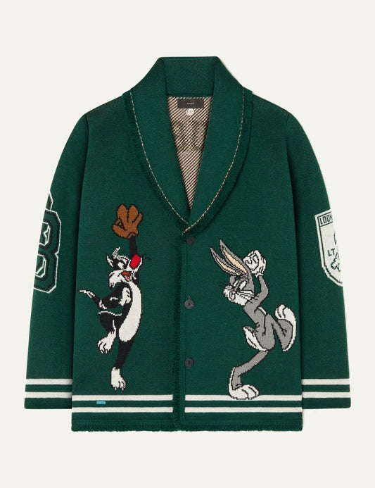 Alanui men x Looney Tunes Sporty Bugs Bunny and Sylvester green virgin wool jacquard cardigan