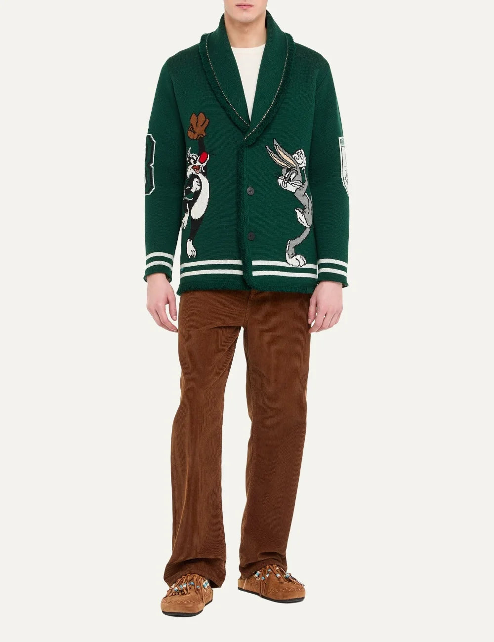 Alanui men x Looney Tunes Sporty Bugs Bunny and Sylvester green virgin wool jacquard cardigan full body