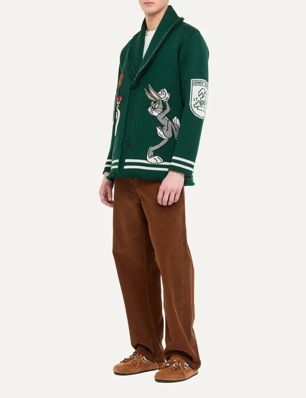 Alanui men x Looney Tunes Sporty Bugs Bunny and Sylvester green virgin wool jacquard cardigan side