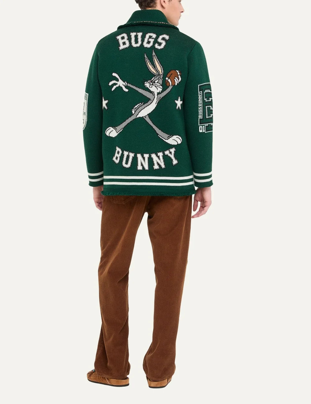 Alanui men x Looney Tunes Sporty Bugs Bunny and Sylvester green virgin wool jacquard cardigan back