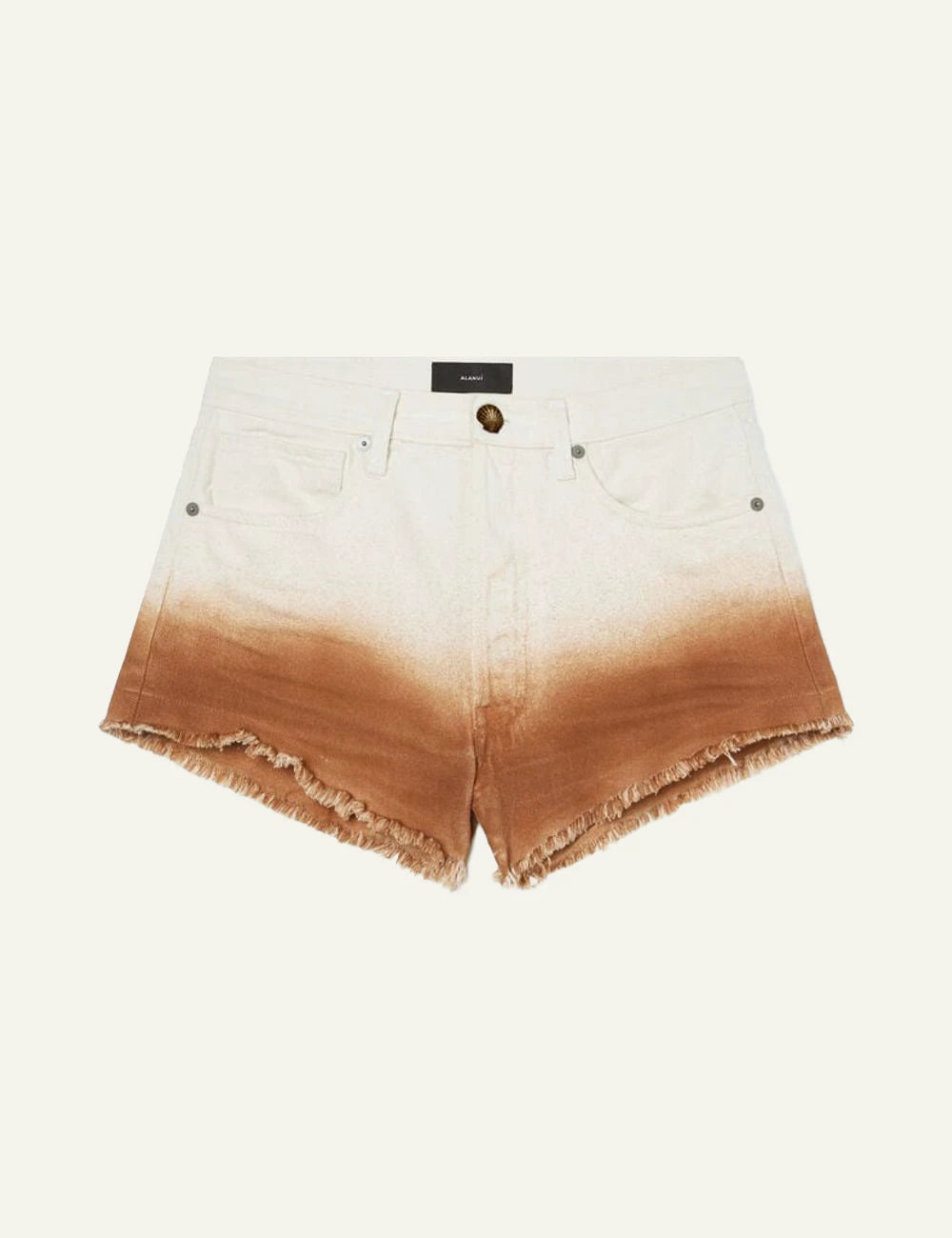 Alanui Shades of Eden denim shorts white brown dip dye frayed hem front flat view