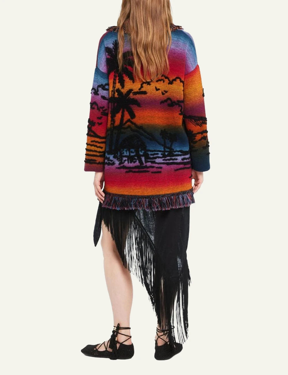 Alanui Sunset Stories cardigan multicolor jacquard fringed back view