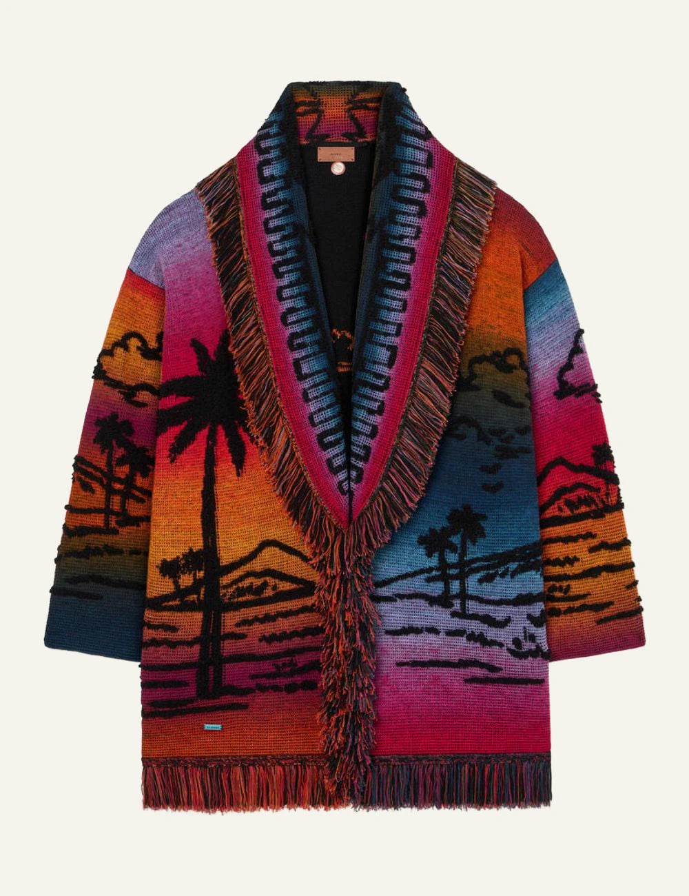 Alanui Sunset Stories cardigan multicolor jacquard fringed front flat view