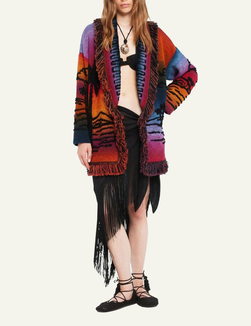 Alanui Sunset Stories cardigan multicolor jacquard fringed front full body view