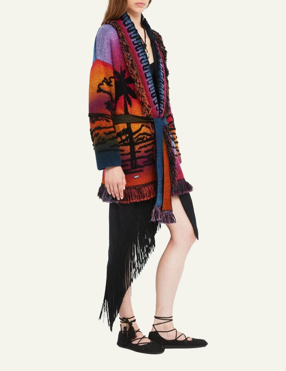Alanui Sunset Stories cardigan multicolor jacquard fringed side view