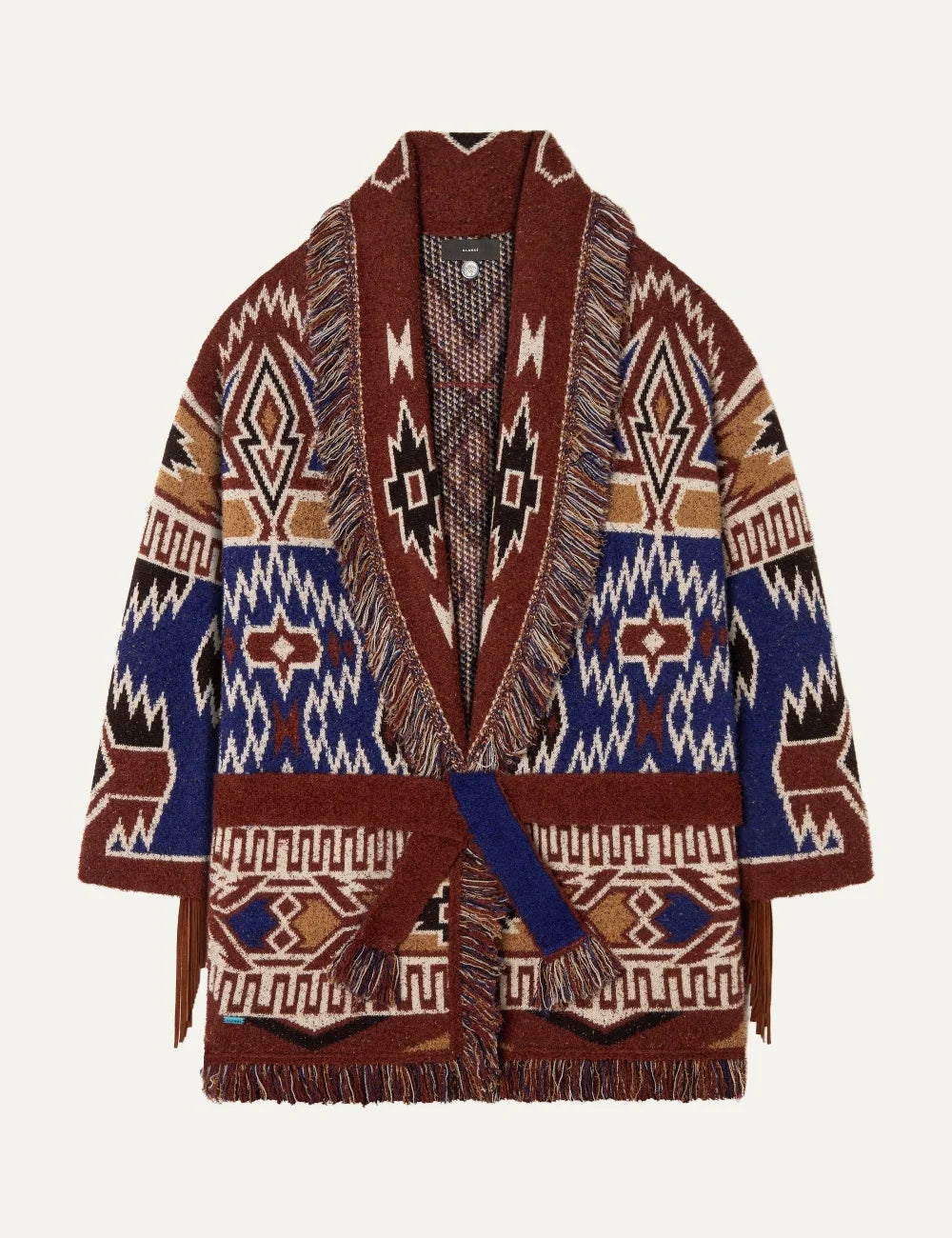 Alanui women Amazing Journey rust multicolor virgin wool jacquard cardigan with leather fringes