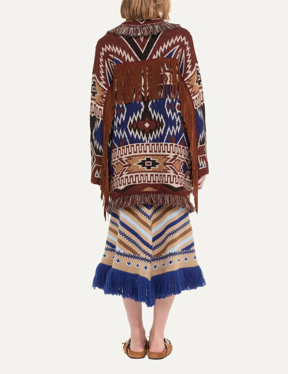 Alanui women Amazing Journey rust multicolor virgin wool jacquard cardigan with leather fringes back