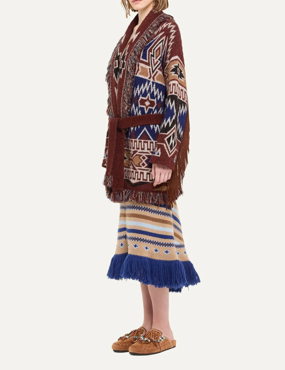 Alanui women Amazing Journey rust multicolor virgin wool jacquard cardigan with leather fringes side