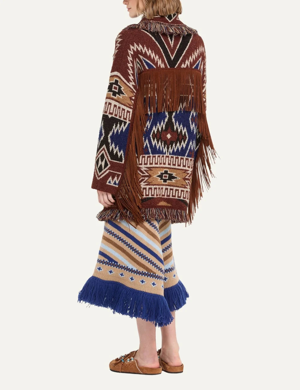 Alanui women Amazing Journey rust multicolor virgin wool jacquard cardigan with leather fringes back