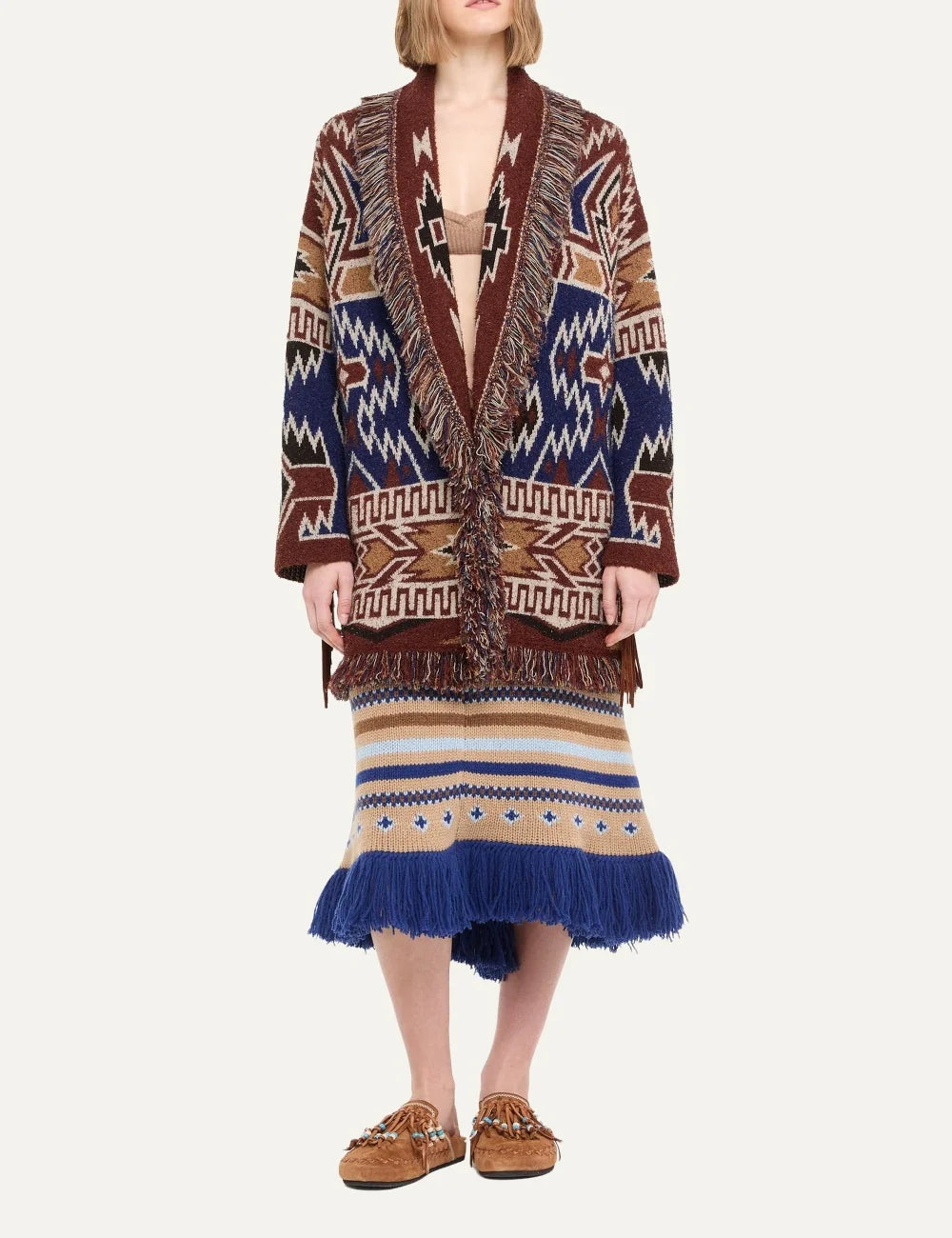 Alanui women Amazing Journey rust multicolor virgin wool jacquard cardigan with leather fringes full body