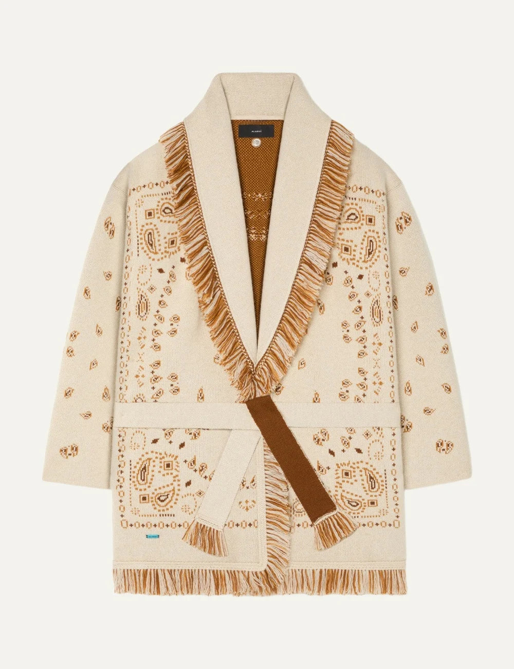 Alanui women Bandana Jacquard ecru cashmere cardigan with brown pattern fringes and tie belt